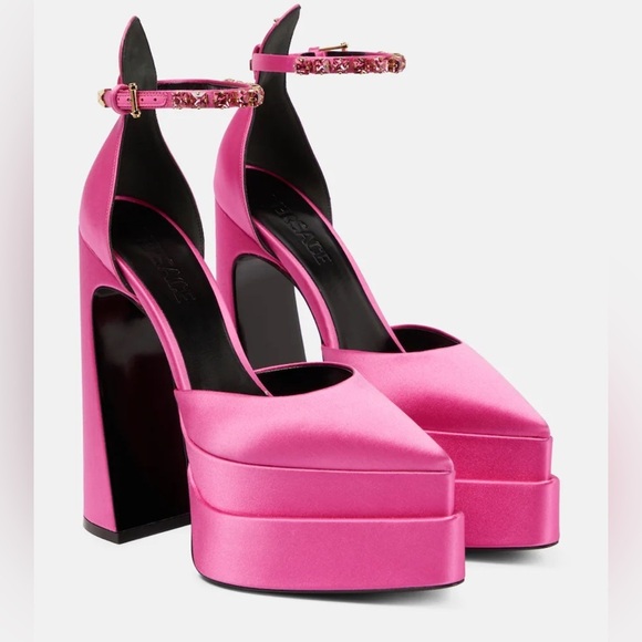 Versace Shoes - VERSACE Decollete Pink Lemonade Satin Platform Crystal Pointy Heels EU 40